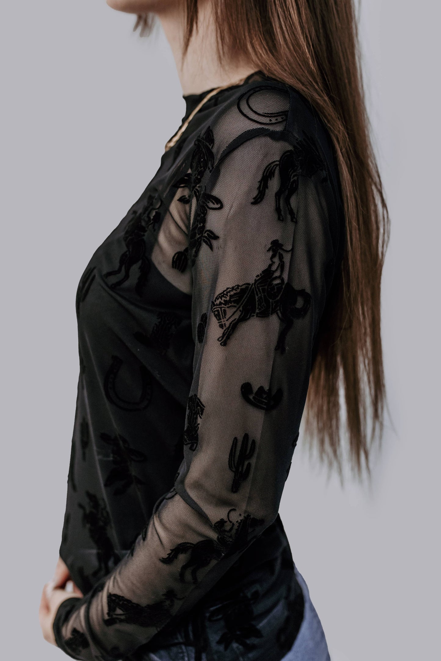 MK717 Lets Rodeo Velvet Mesh Top