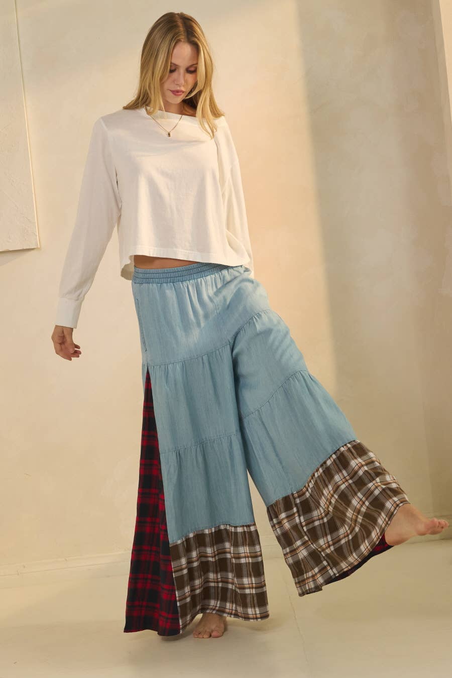 Color Block Tiered Pants: Washed Chambray / S