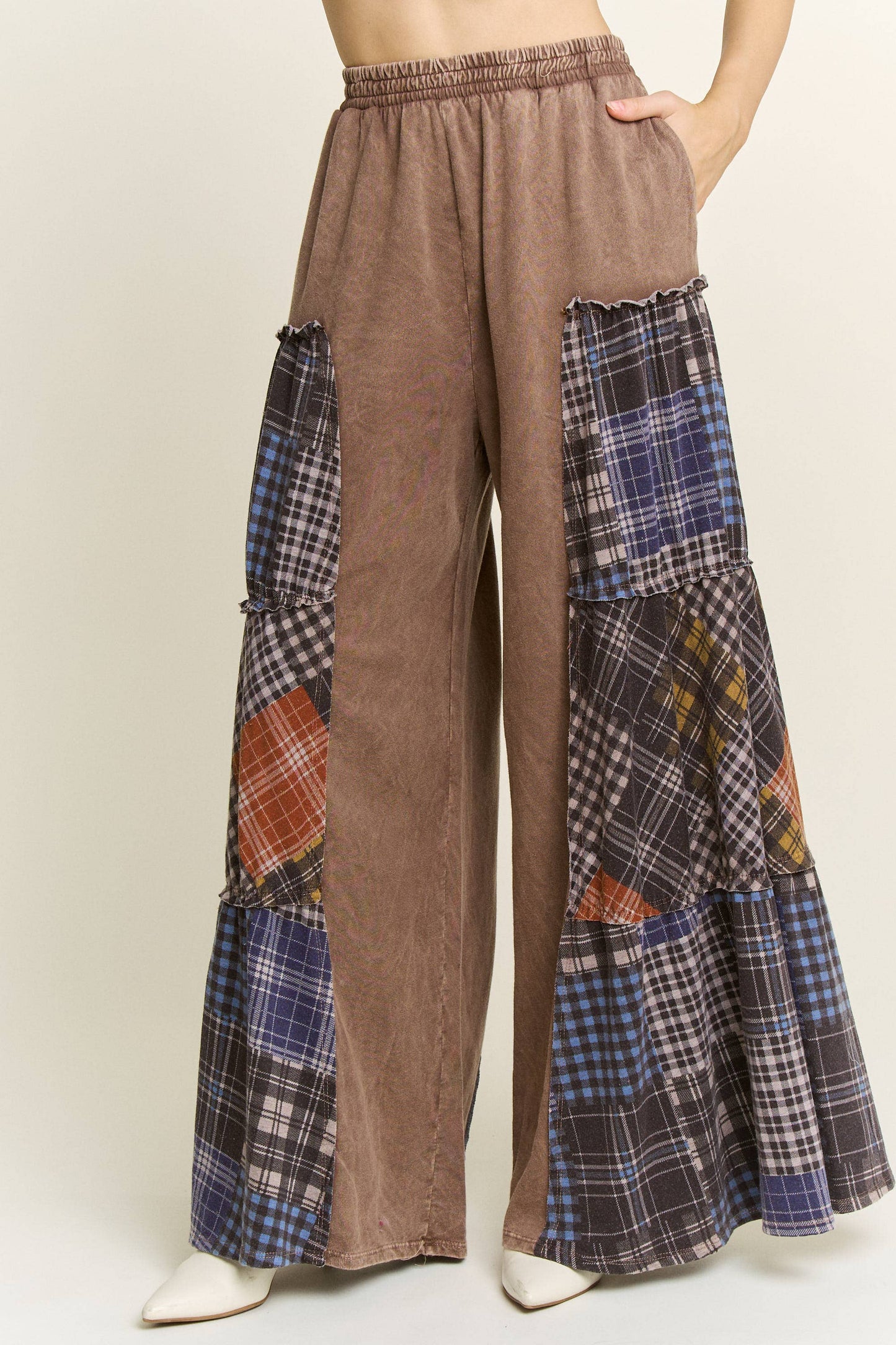 Mineral Washed Tiered Plaid Wide Flare pants HP6675: Olive / S-M-L / 2-2-2