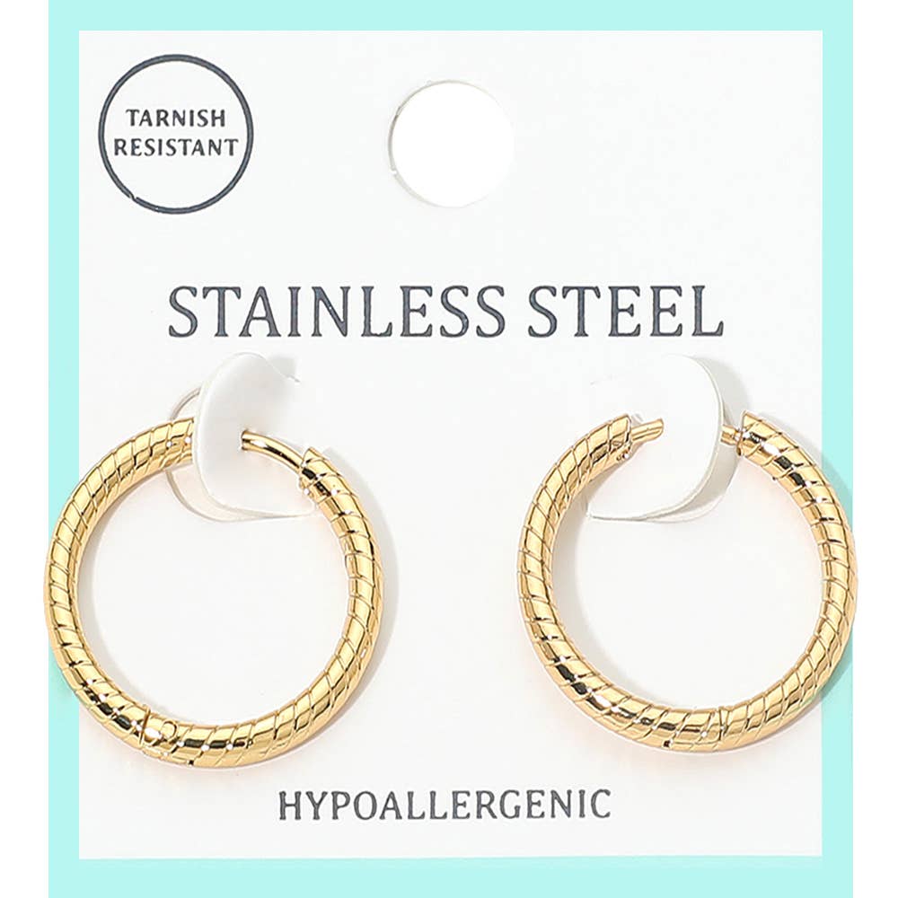 Stainless Steel Textured Huggie Hoop Earrings