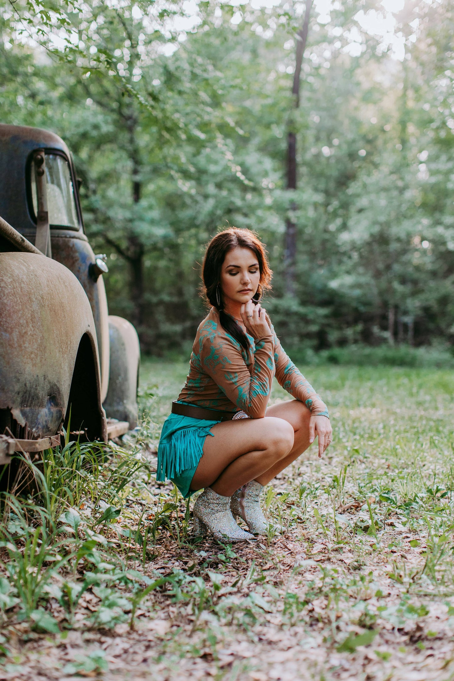 MK397 Velvet Mesh Top - Tan/Turquoise