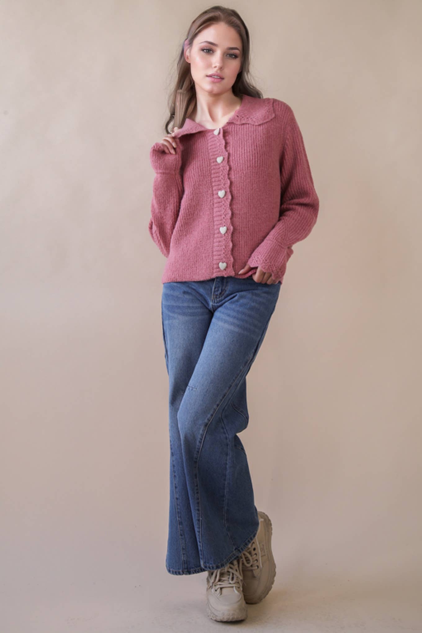 12W3445N-Heart Button Down Knit Sweater Cardigan