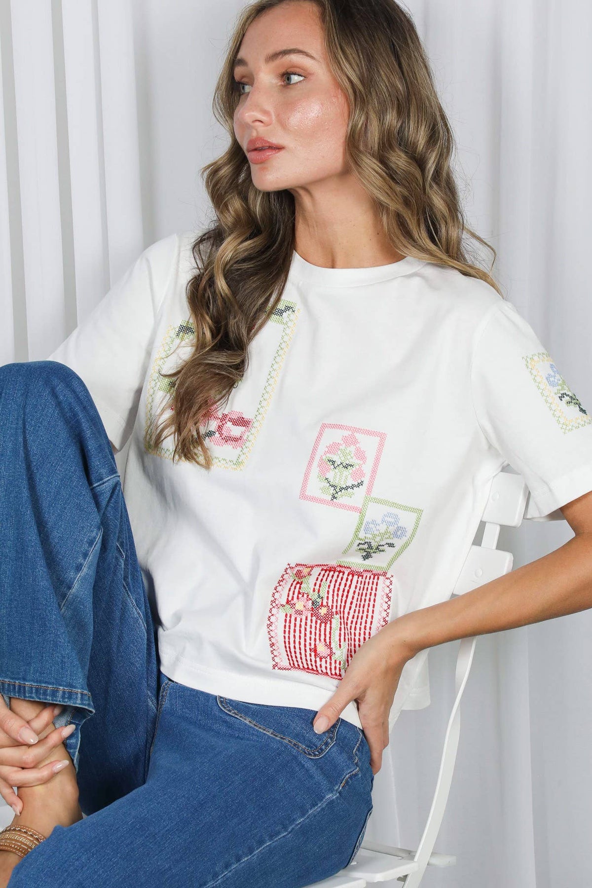 Vine & Love Cross-Stitch Embroidered 100%Cotton Top
