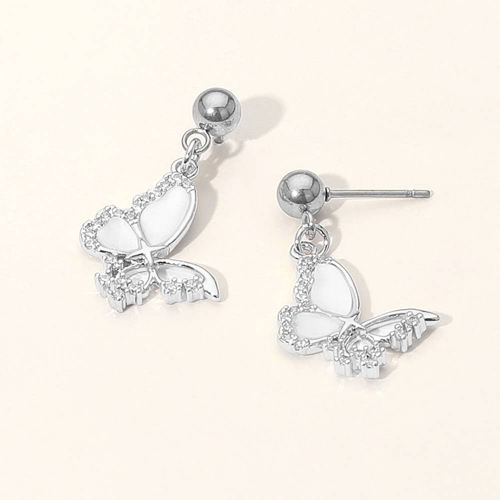 Stainless Steel CZ Stone Accent Mother of Pearl Butterfly Charm Dangle Earrings: Mother of Pearl,Silver