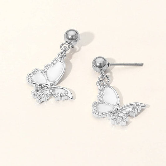 Stainless Steel CZ Stone Accent Mother of Pearl Butterfly Charm Dangle Earrings: Mother of Pearl,Silver