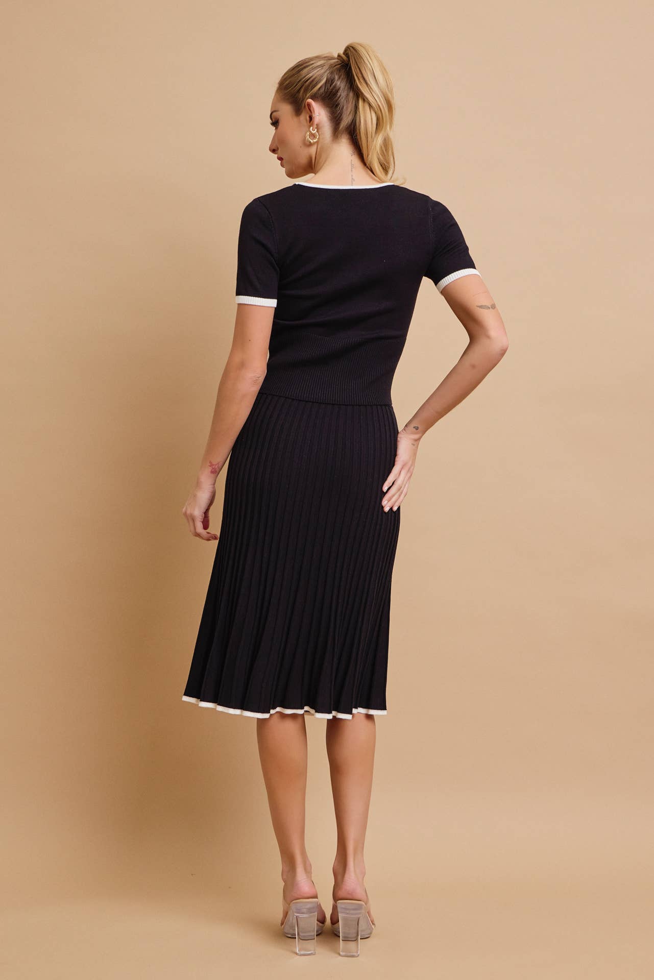 2A. Evadne Short Sleeve Top With Flare Skirt Set