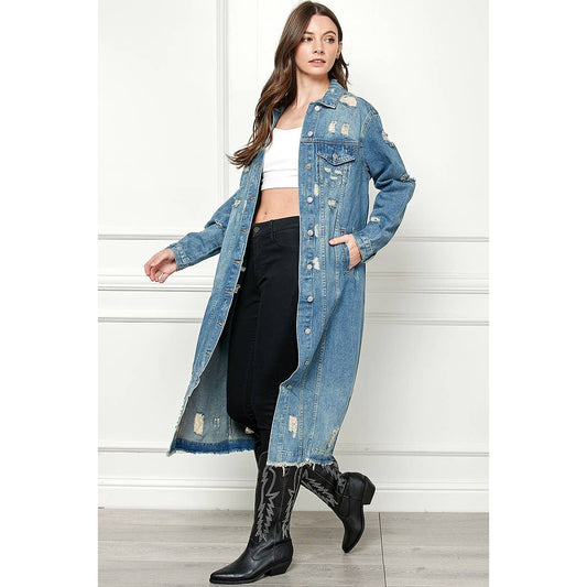 Distressed Long Denim Jacket: Med Wash / M
