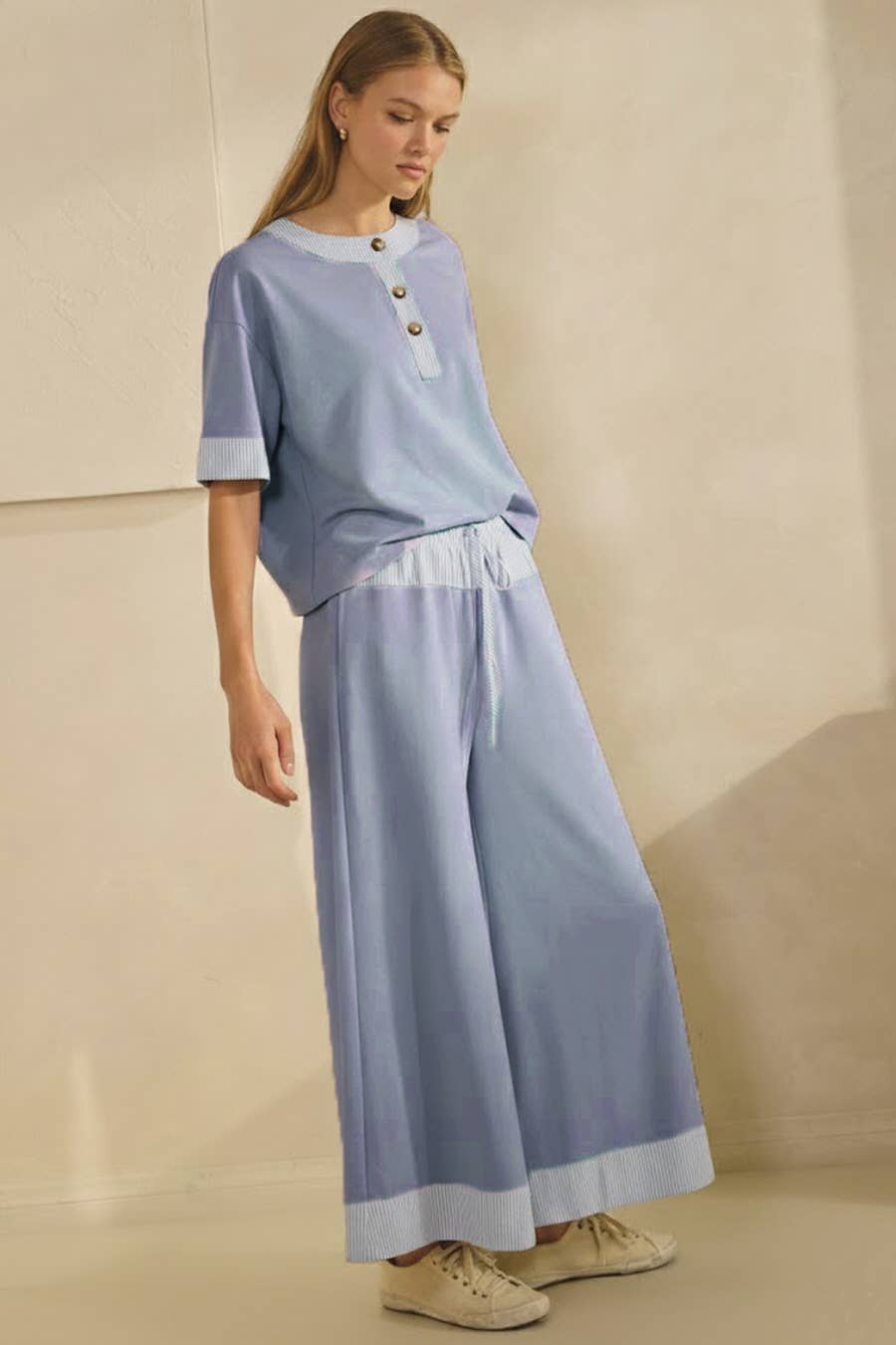 Oddi Contrast-trim Henley Top And Pants Set