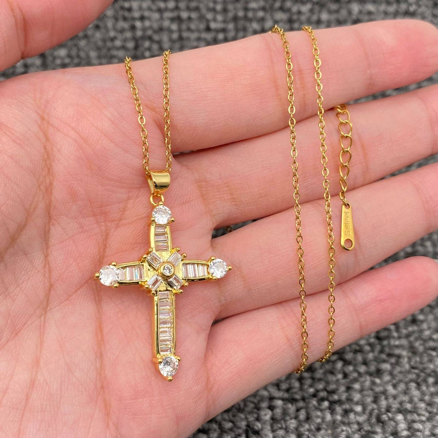 Multi Style Rhinestone & CZ Cross Charm Golden Necklace