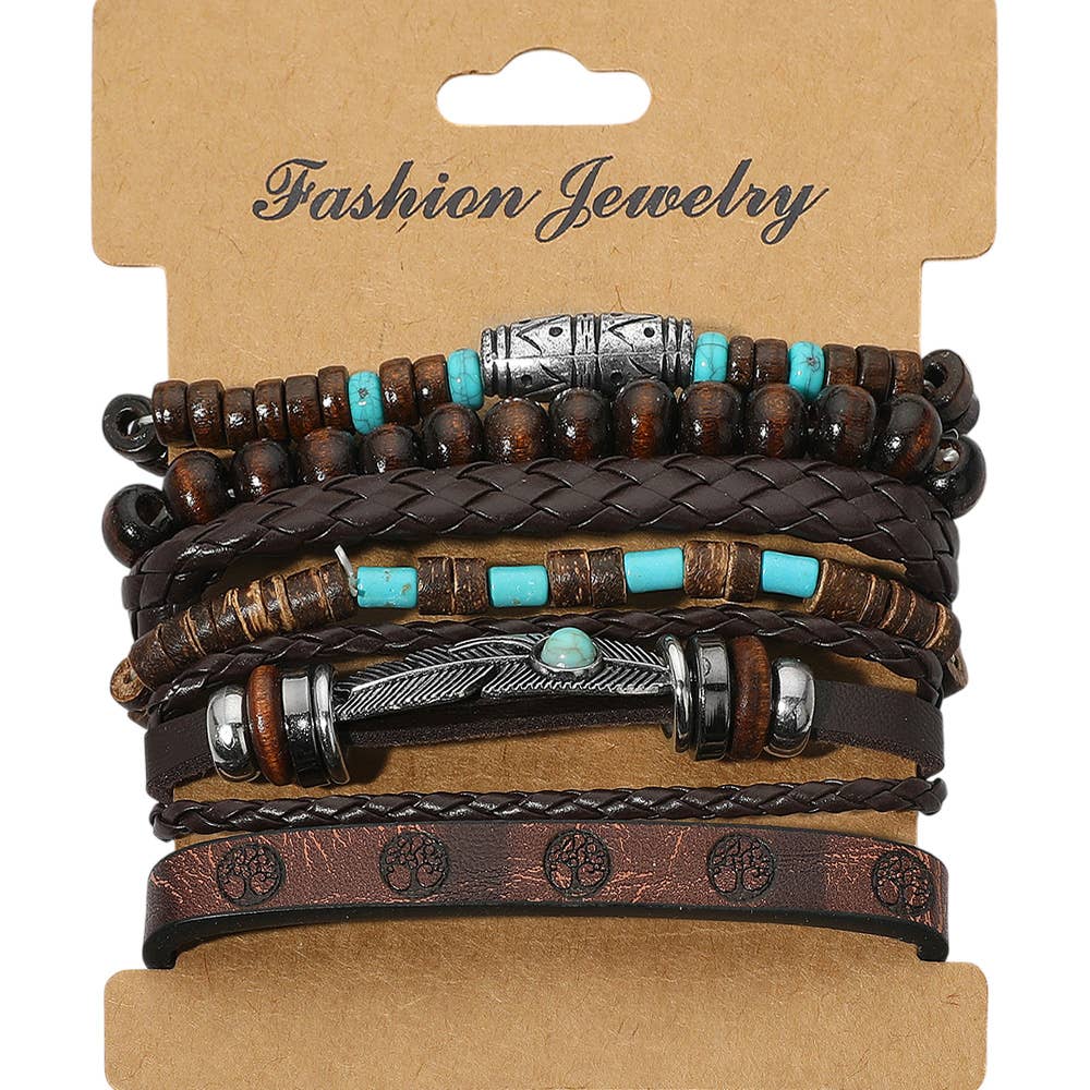 6PCS - Boho Western Feather Charm Accent Braided Adjustable Wooden Beaded Stretch Multi Layered Bracelets