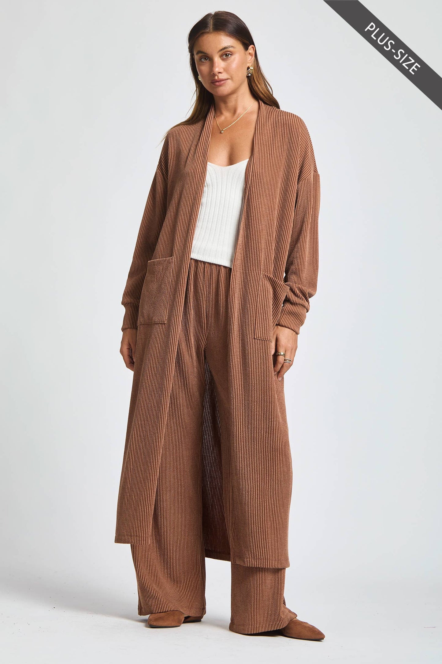 PLUS SIZE Longline Cardigan + Relaxed Pants 2 Piece Set: RED / XL
