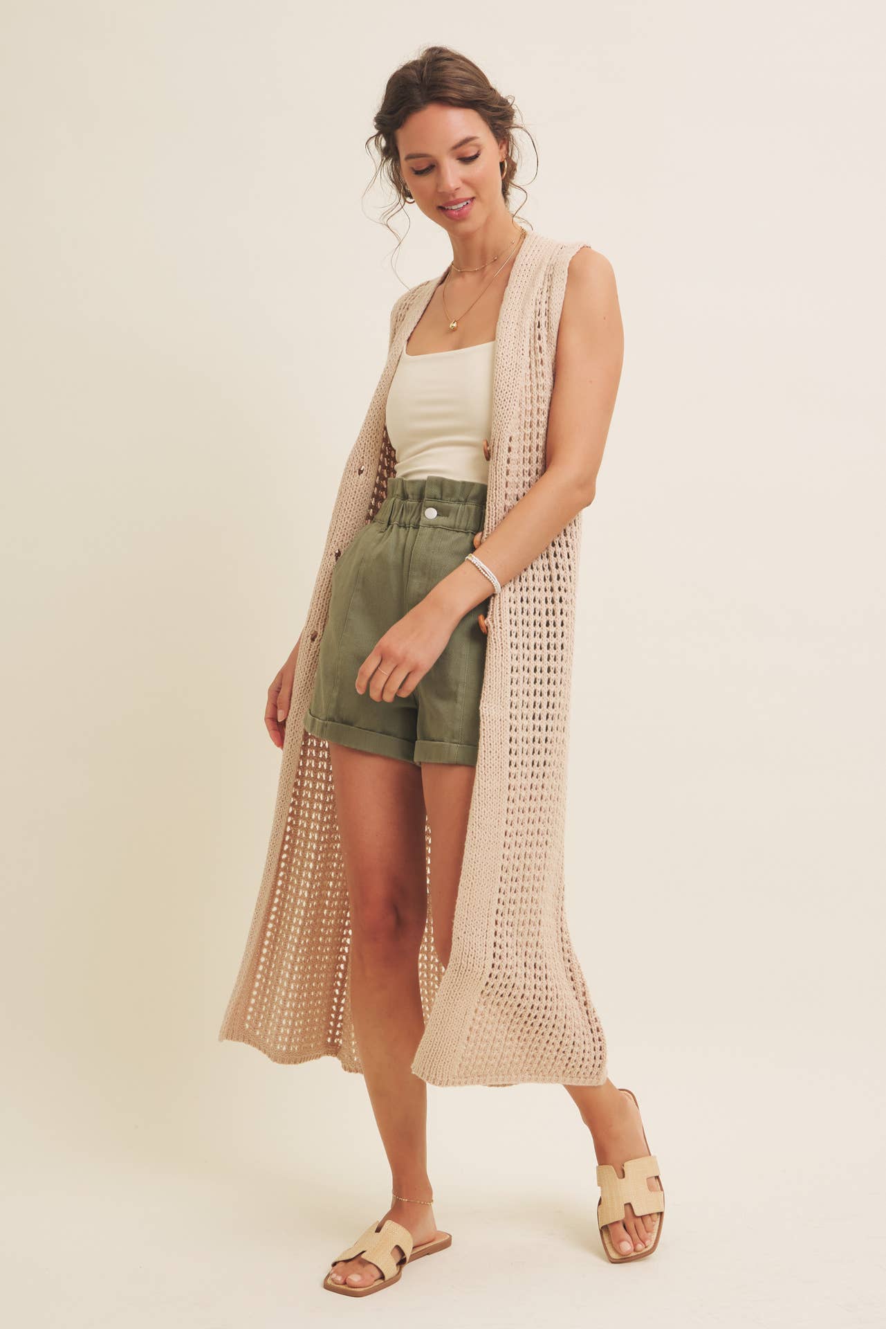 BUTTON-DOWN OPEN KNIT SLEEVELESS MIDI SWEATER CARDIGAN