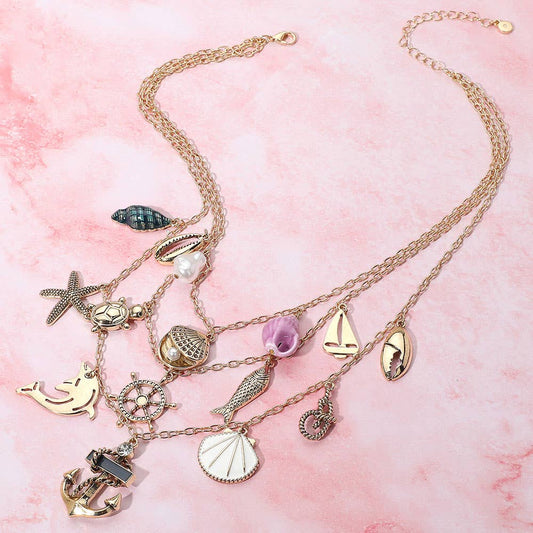 Anchor Sea Shell Pearl Dolphin Fish Rope Sea Turtle Charm Embellished Triple Layered Necklace: Antique Gold,Multi