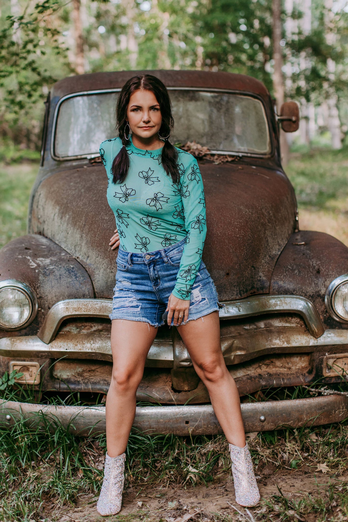 MK514 3D Bow LS Mesh Top: Turquoise / L