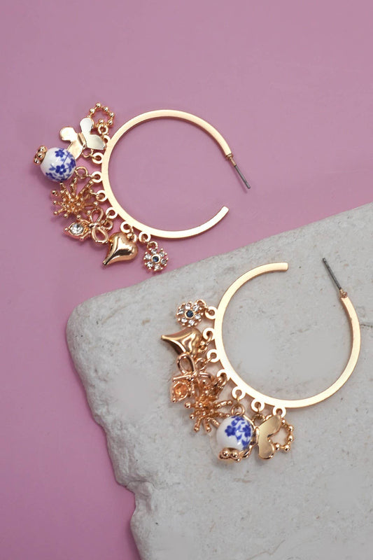 BLUE CERAMIC PORCELAIN MULTI CHARM HOOP EARRINGS | 80E6442