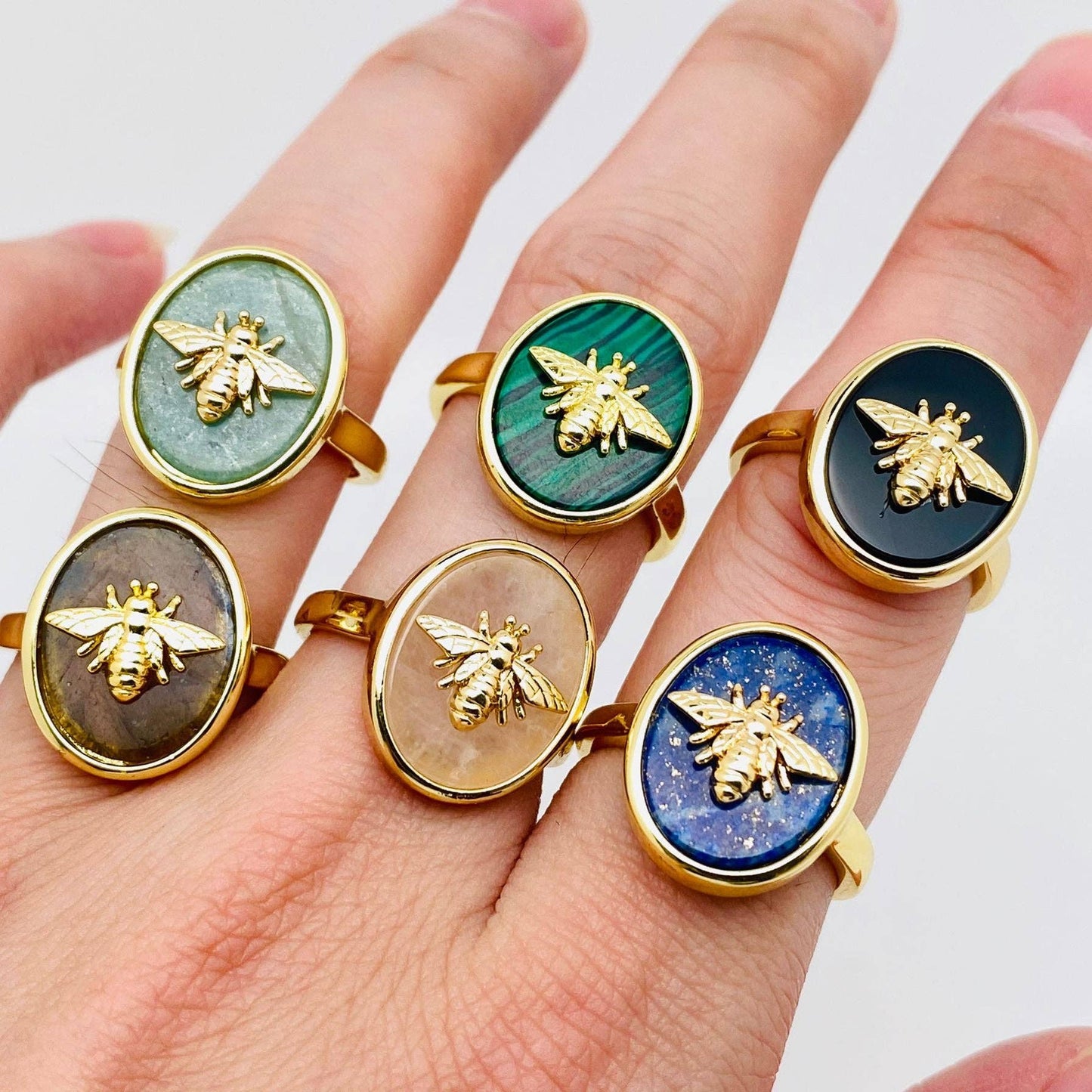 Natural Stone Golden Bee Opening Adjustable Ring - CS