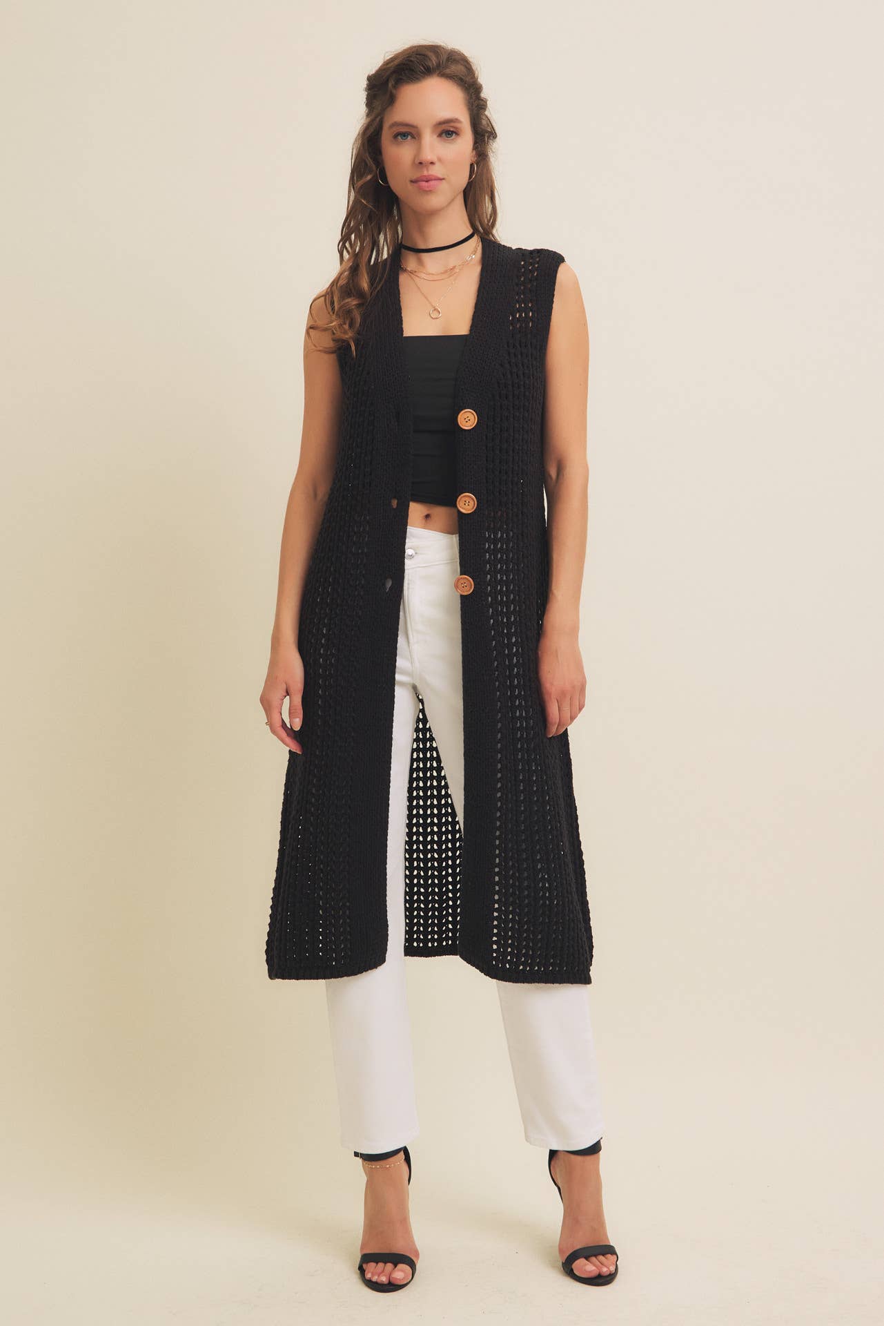 BUTTON-DOWN OPEN KNIT SLEEVELESS MIDI SWEATER CARDIGAN