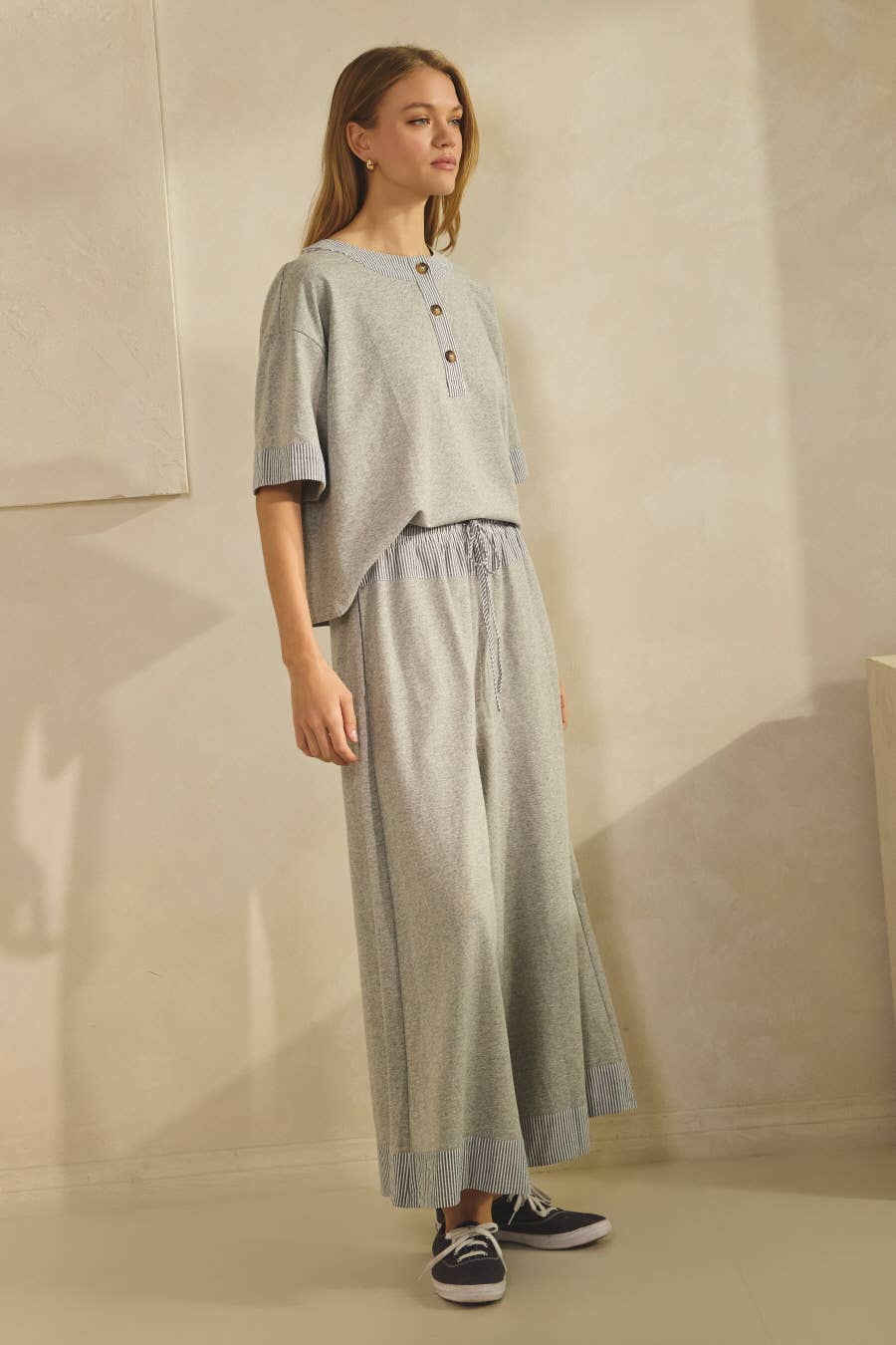 Oddi Contrast-trim Henley Top And Pants Set