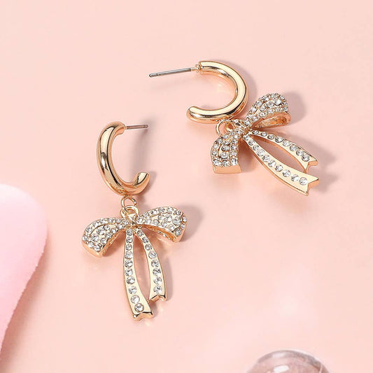 Stone Paved Metal Bow Dangle Mini Hoop Earrings: Silver