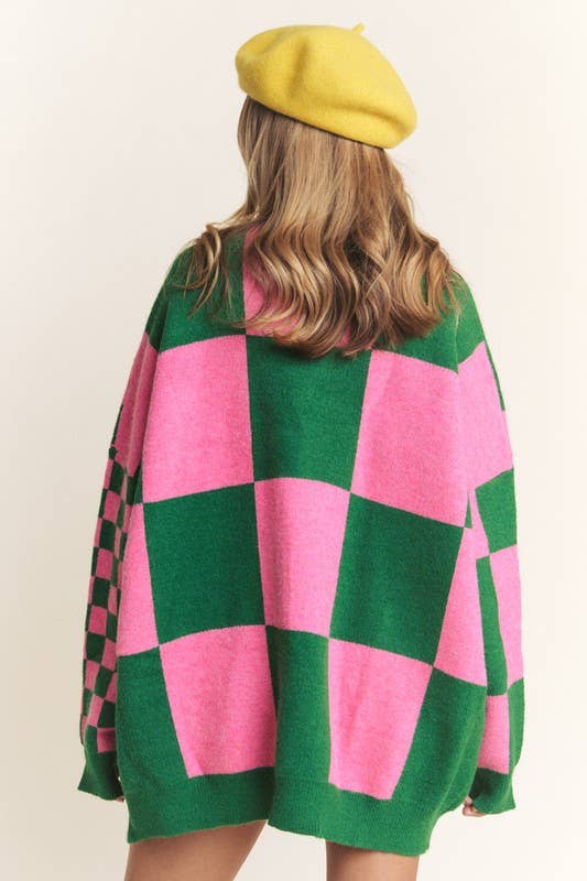 BUTTON DOWN LONG SLEEVE CHECKERED OVERSIZED CARDIGAN: BLACK/WHITE / S/M