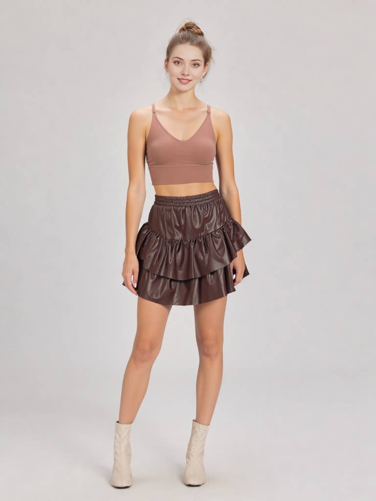 VS50929-Faux Leather Ruffle Mini Skirt