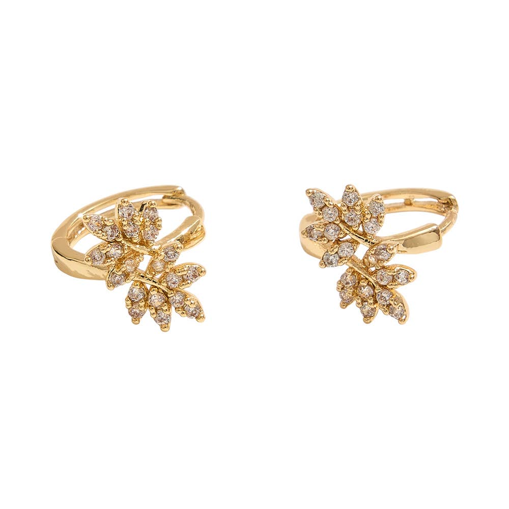 14K Gold Dipped CZ Stone Paved Leaves Mini Huggie Hoop Earrings