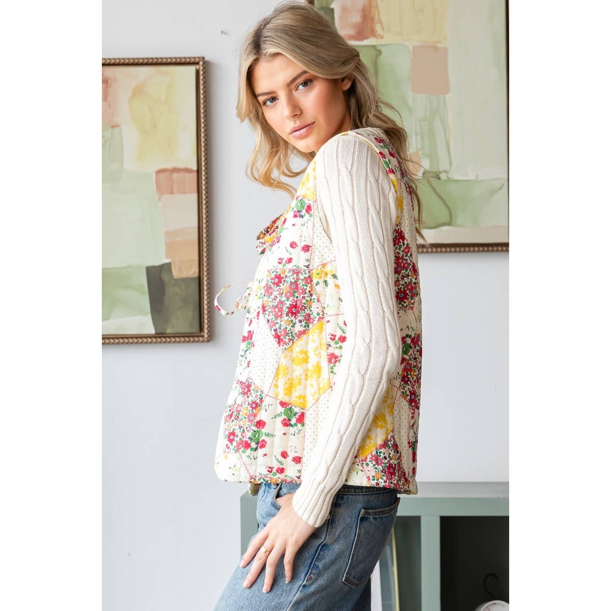 Multi Flower Quilted Vest with Front Ribbon