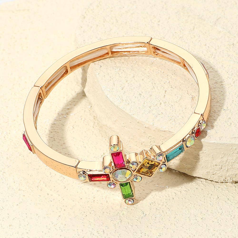 Mixed Stone Cross Accent Stretch Bracelet