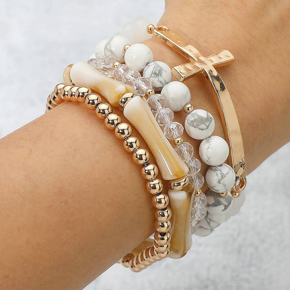 5PCS - Metal Cross Accent Resin Bamboo Bar Faceted Beaded Stretch Multi Layered Bracelets
