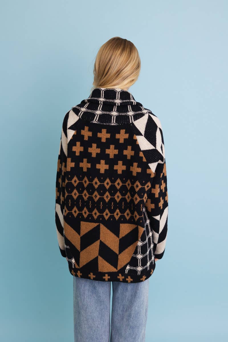 Sierra Spirit Geometric Street Style Knit Cardigan: Black