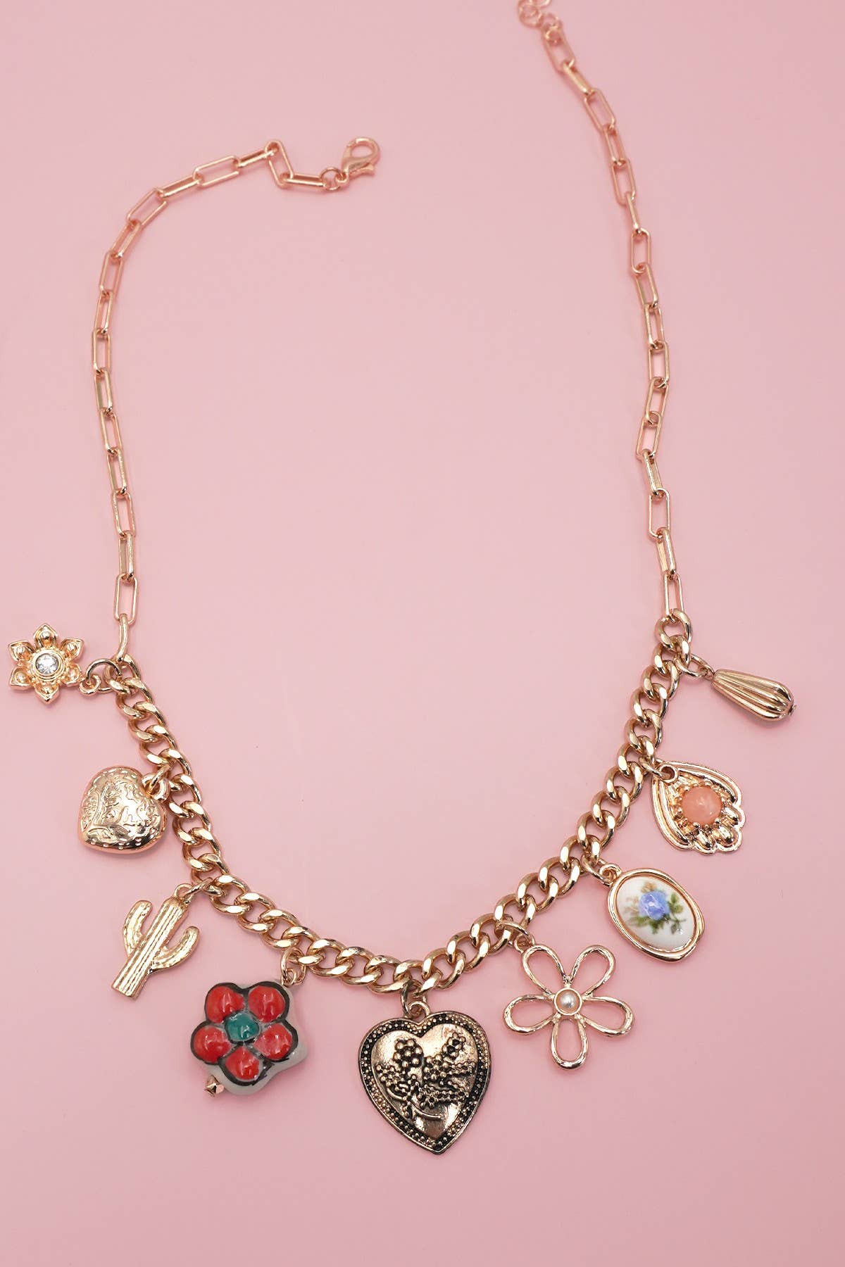 CHARM NECKLACE- BOHO PORCELAIN FLORAL CACTUS | 80N92249: GOLD
