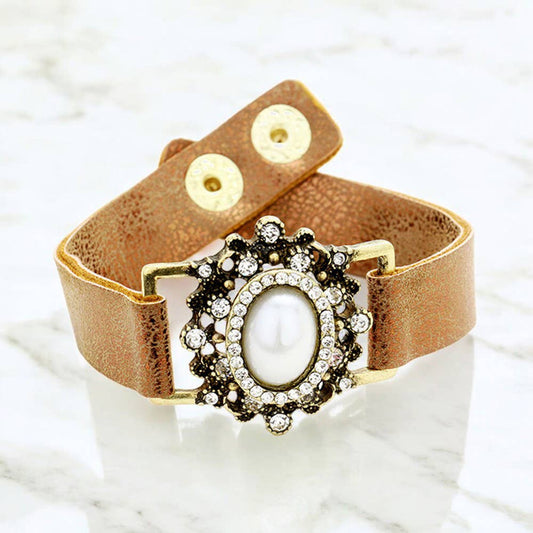 Stone Trimmed Antique Oval Pearl Accent Snap Button Bracelet