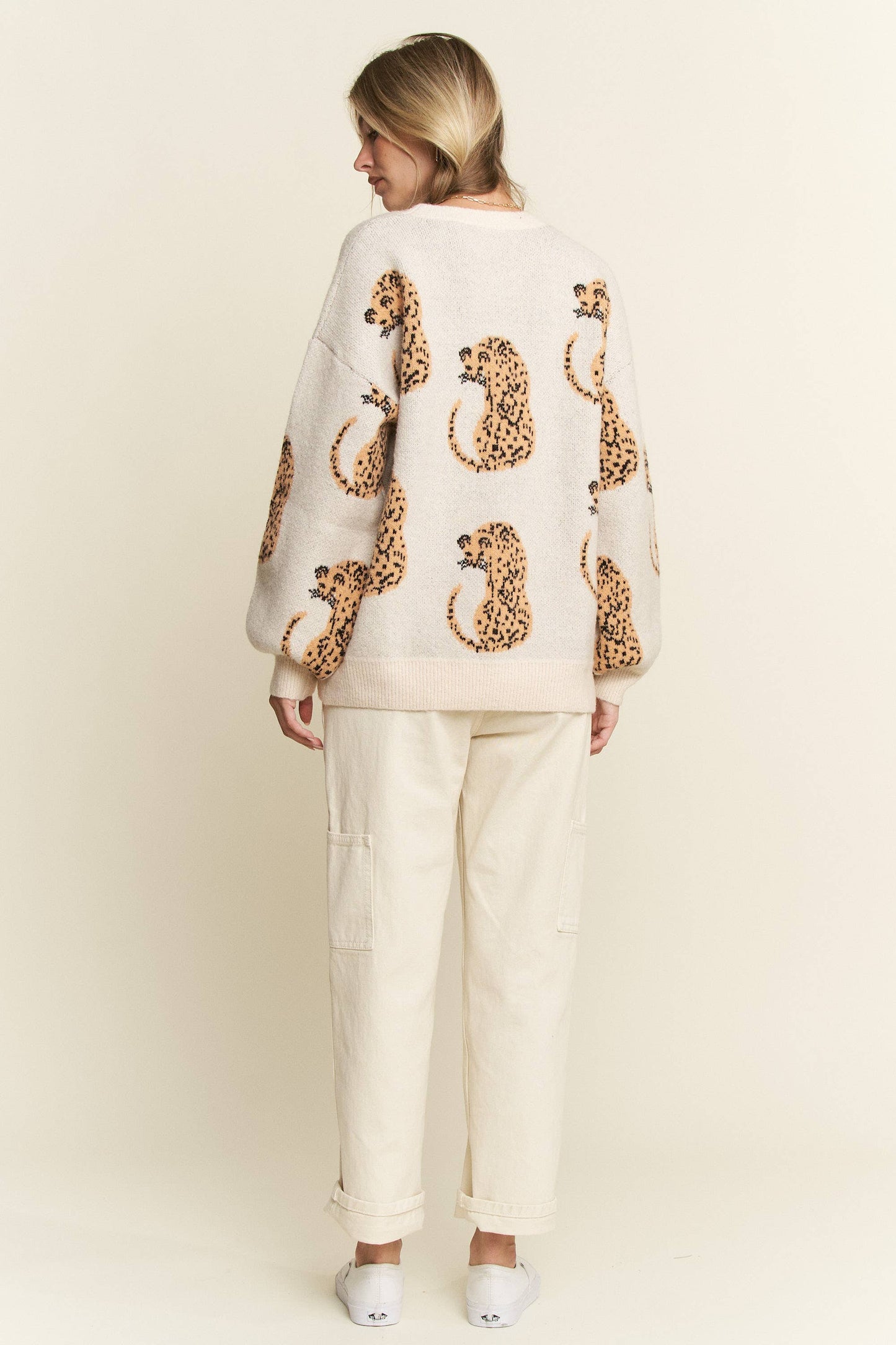 CHEETAH CONTRAST TRIM LONG SLEEVE SWEATER