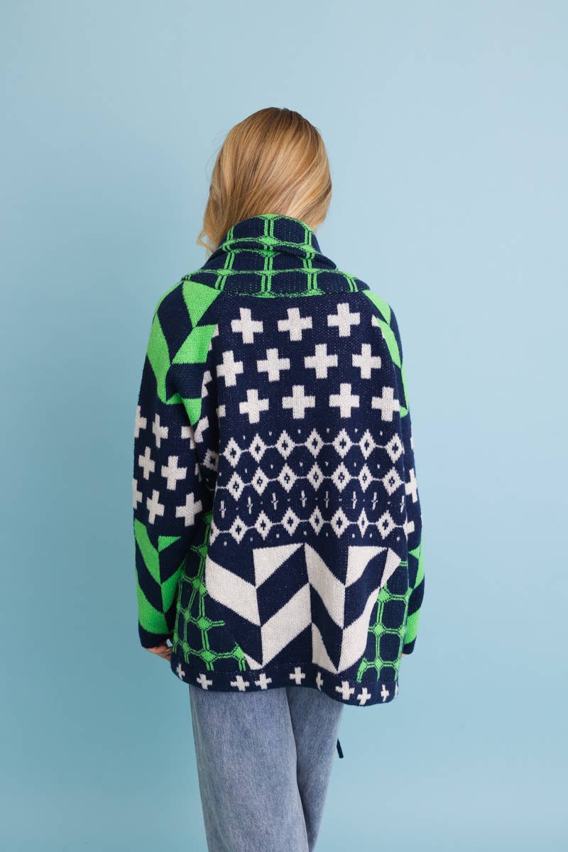 Sierra Spirit Geometric Street Style Knit Cardigan: Black