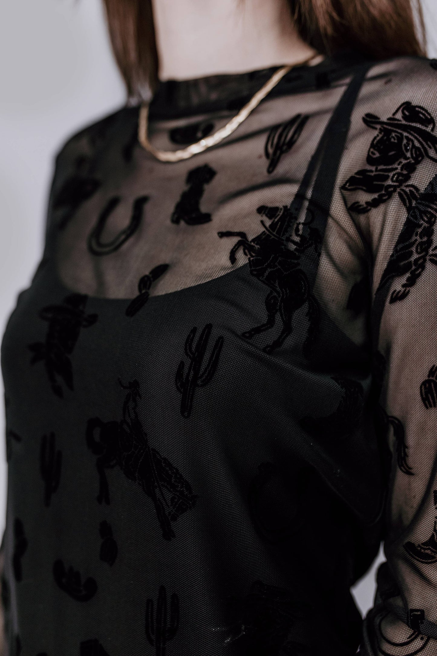 MK717 Lets Rodeo Velvet Mesh Top