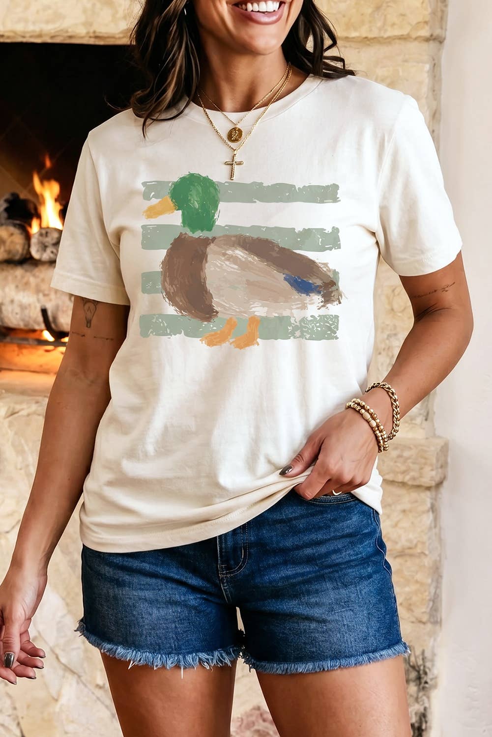 Western Print striped Duck Graffiti Round Neck T-Shirt
