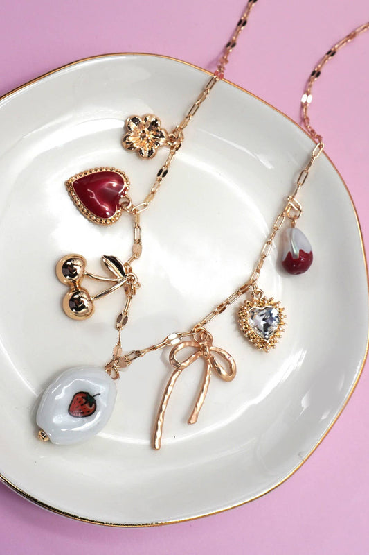 CHARM NECKLACE-PORCELAIN STRAWBERRY CHERRY BOW | 80N92144: GOLD