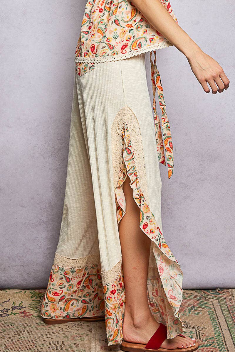 Floral Pattern Ruffle Detail Ribbed Knit Pants