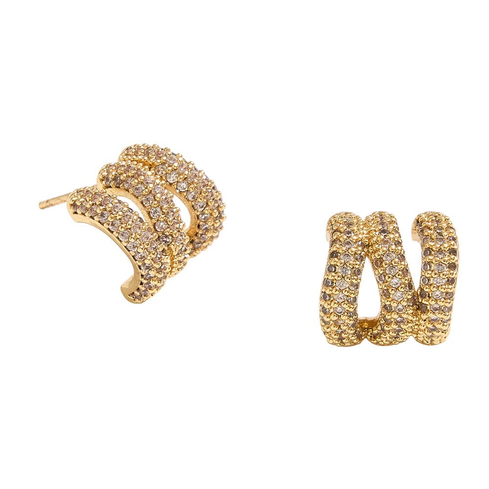 14K Gold Dipped CZ Stone Paved Triple Row Half Hoop Small Earrings