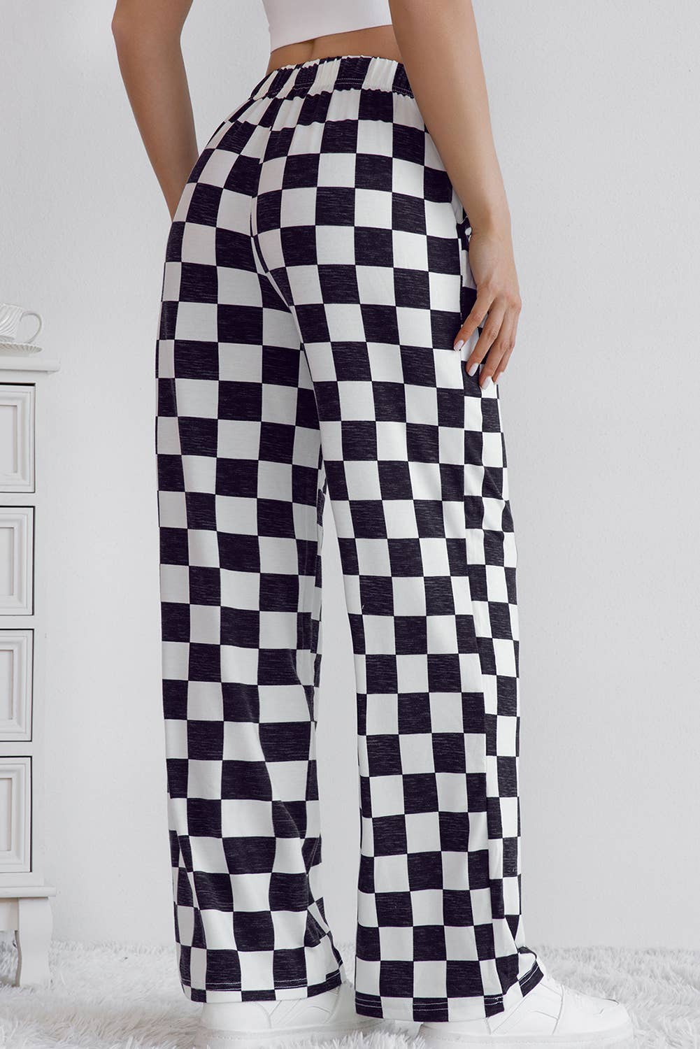 LA SOCIETY Checkered Print High Waist Wide Leg Pants Bottoms