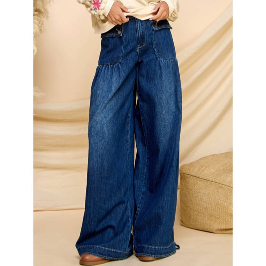 Ankle Drawstring Wide Denim Pants: Dark Wash / M