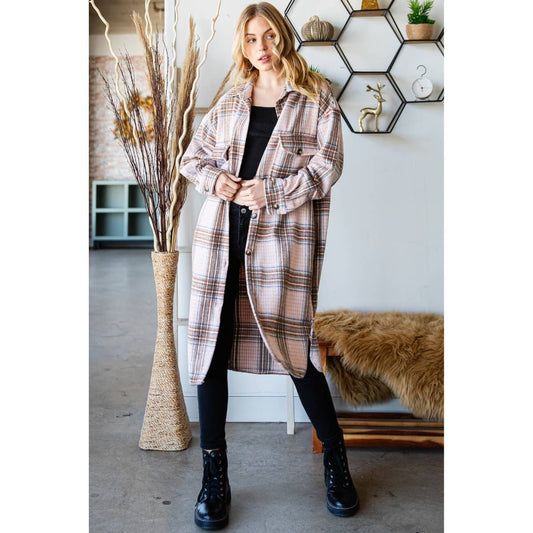 Wool Mix Plaid Checker Longline Shacket: Pink Combo / M