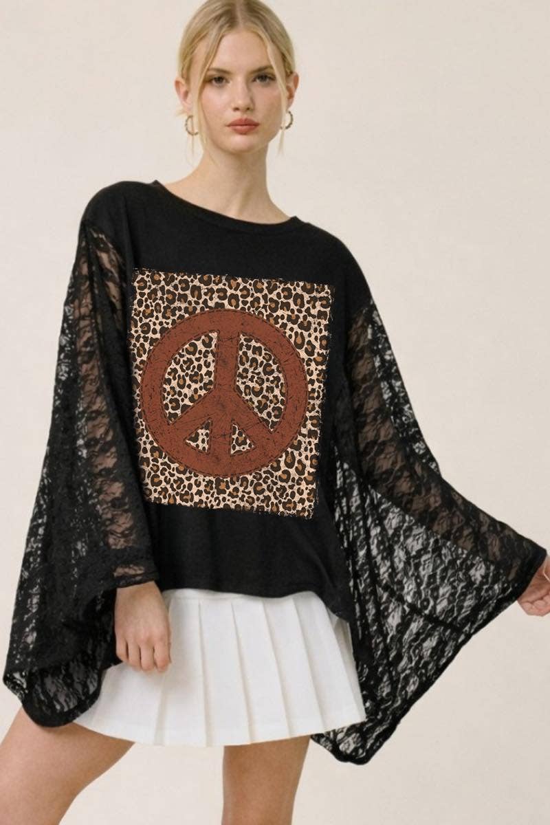 Leopard Peace Vintage Graphic Lace Wing Oversized Top