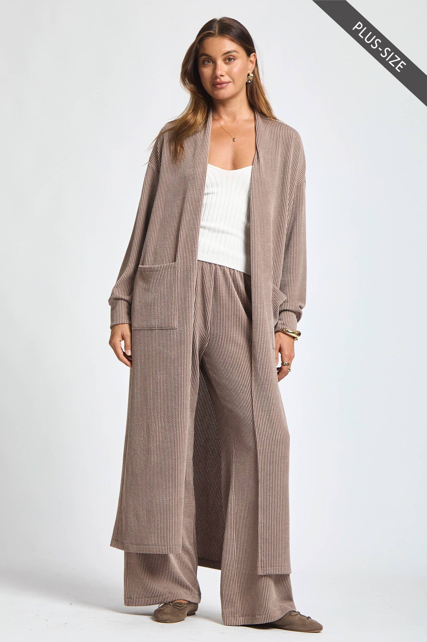 PLUS SIZE Longline Cardigan + Relaxed Pants 2 Piece Set: RED / 3X