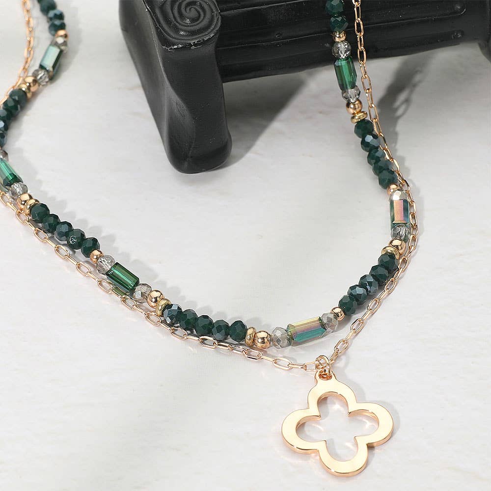 Metal Open Quatrefoil Pendant Faceted Beaded Layered Necklace