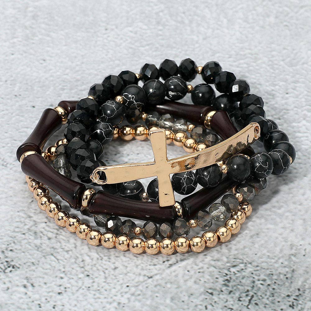 5PCS - Metal Cross Accent Resin Bamboo Bar Faceted Beaded Stretch Multi Layered Bracelets