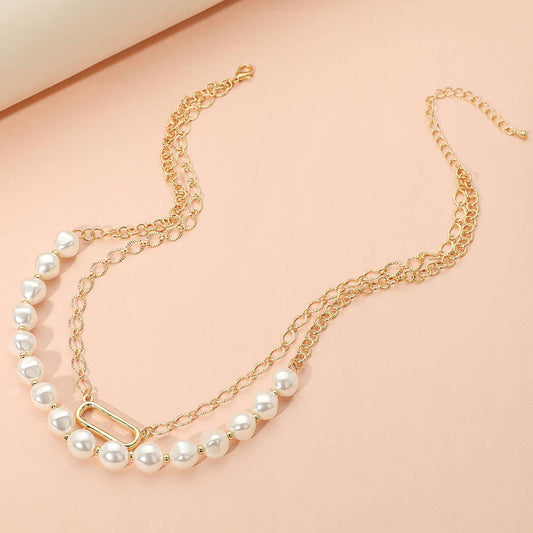 Pearl Chain Link Layered Necklace: Cream,Gold