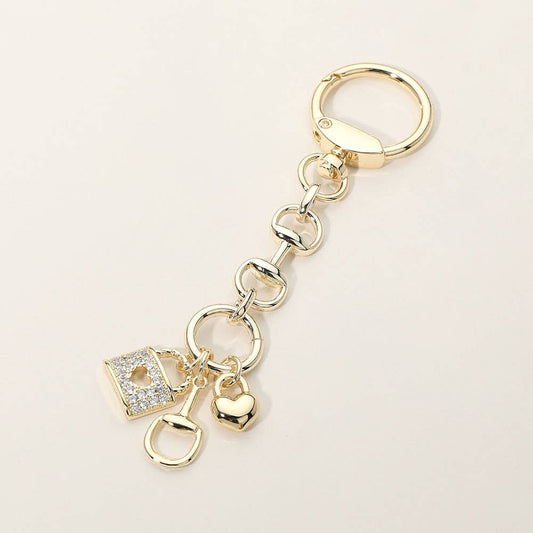 14K Gold Plated CZ Stone Pave Lock Horsebit Heart Charm Drop Keychain Bag Charm