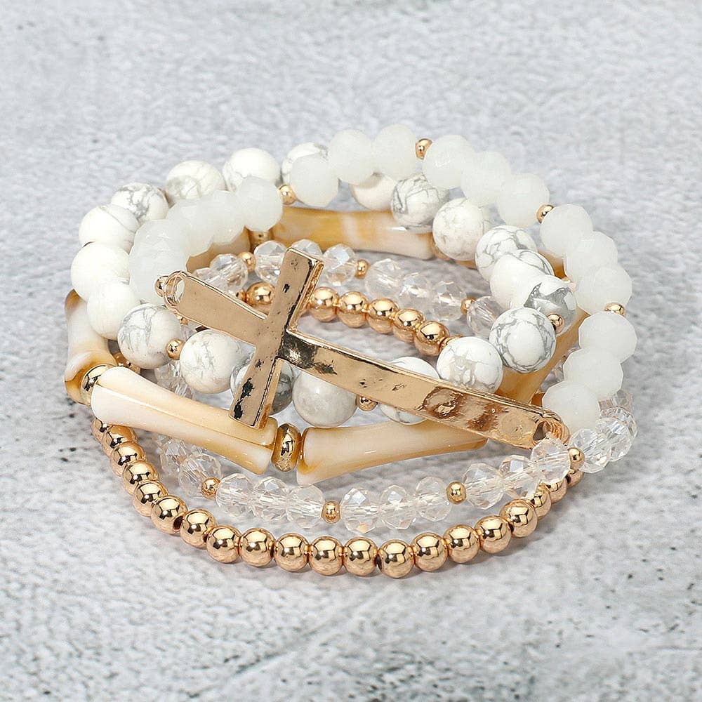 5PCS - Metal Cross Accent Resin Bamboo Bar Faceted Beaded Stretch Multi Layered Bracelets