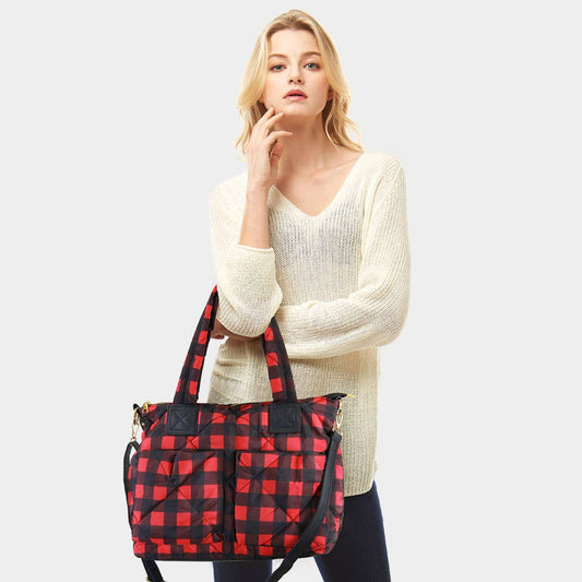 Buffalo Check Puffer Tote Bag: Red
